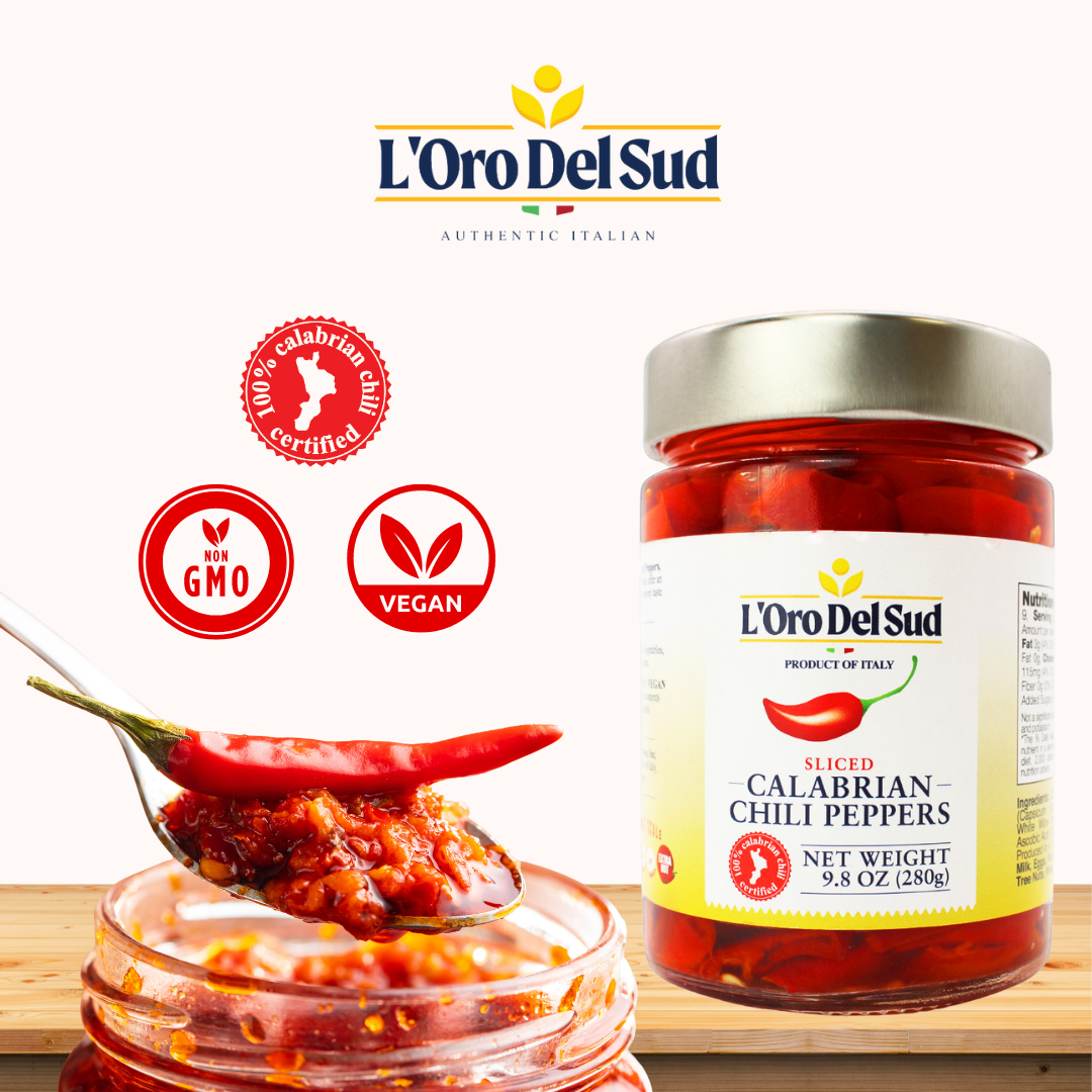 L'Oro Del Sud, Certified Authentic, Sliced, Chopped, Calabrian Chili Peppers 9.8 oz (280 g), Italian, Peperoncini Calabrese