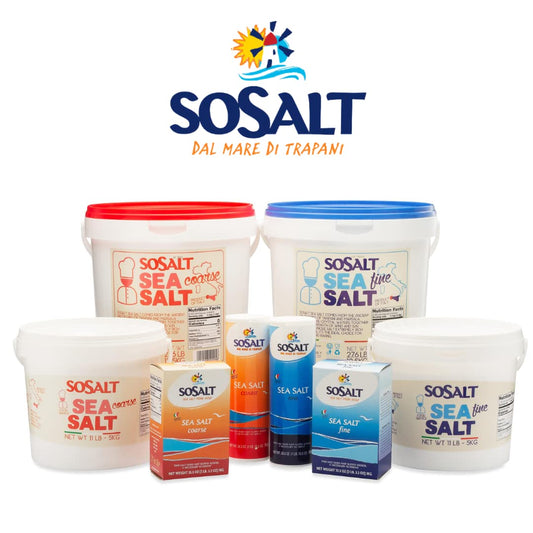 SOSALT sea salt products including buckets and boxes on a white background with the brand logo.