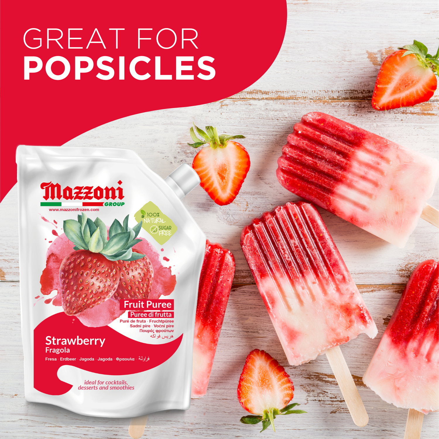 Explore the versatility of strawberries with cocktails like Strawberry Daiquiri, Strawberry Margarita, or Strawberry Mojito mix, Mazzoni 