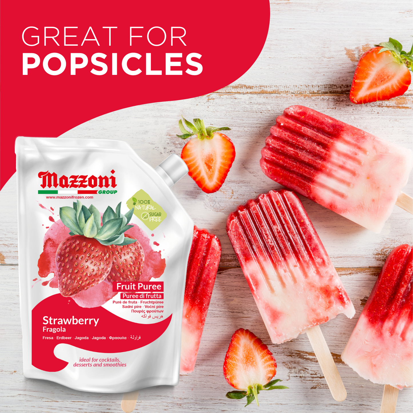 Explore the versatility of strawberries with cocktails like Strawberry Daiquiri, Strawberry Margarita, or Strawberry Mojito mix, Mazzoni 