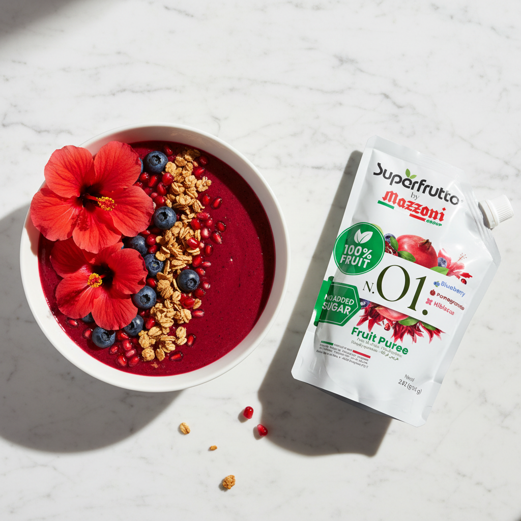 RED SMOOTHIE BOWL TOPPED WITH GRANOLA, BLUEBERRIES, POMEGRANATE AND HIBISCUS FLOWERS NEXT TO MAZZONI SUPERFRUTTO N01 FRUIT PUREE POUCH
