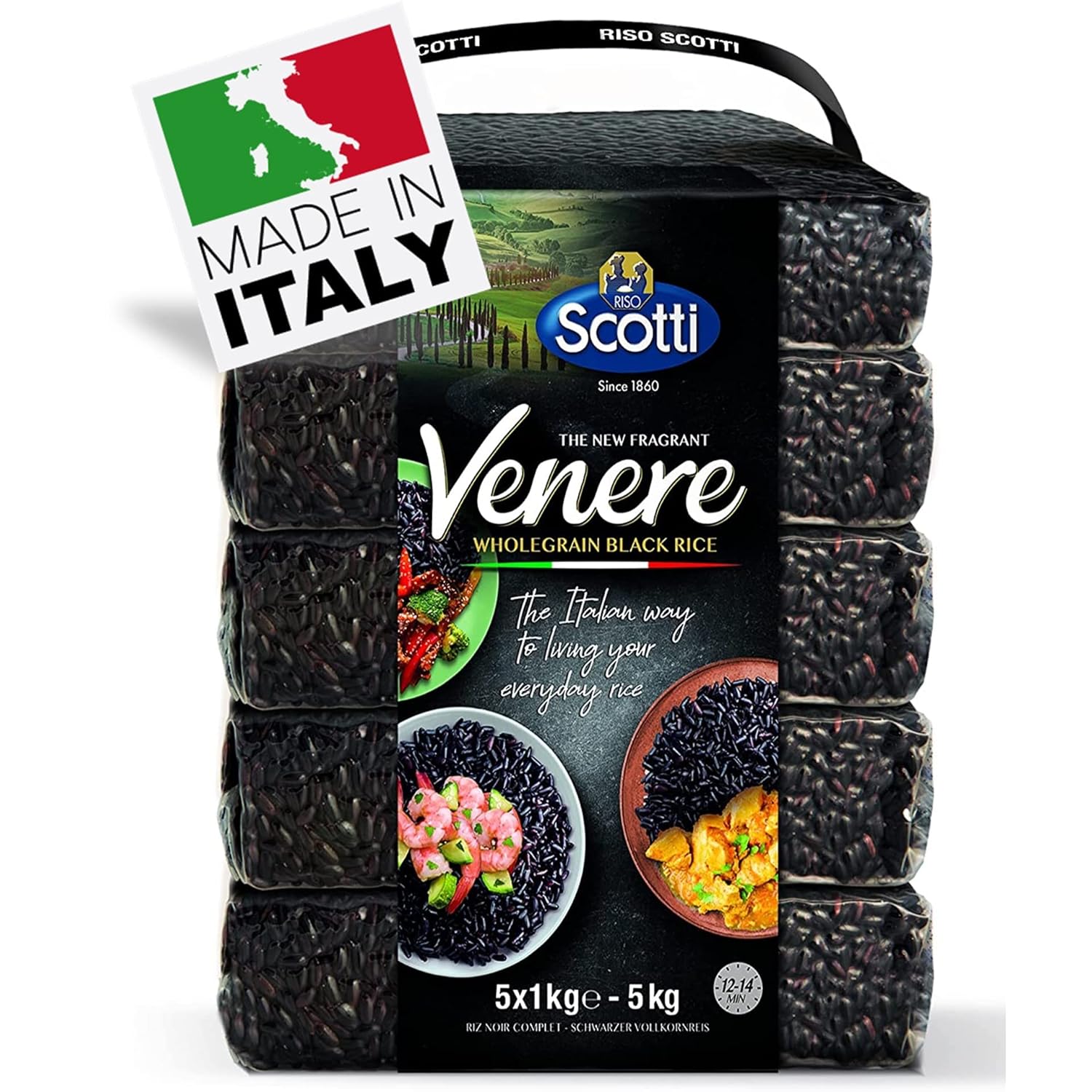 Packaging of Scotti Venere wholegrain black rice with Italian branding.