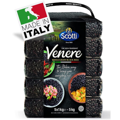 Packaging of Scotti Venere wholegrain black rice with Italian branding.