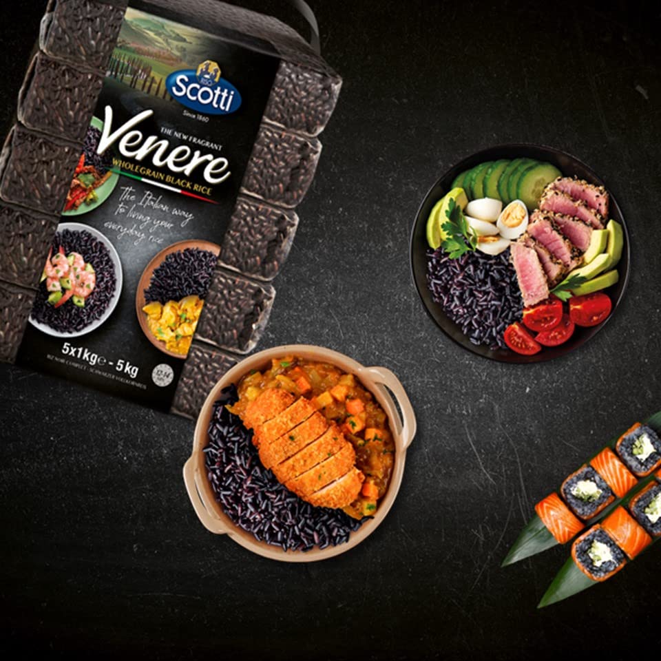 Scotti Venere pasta mix packaging with a dish of pasta and vegetables on a dark surface