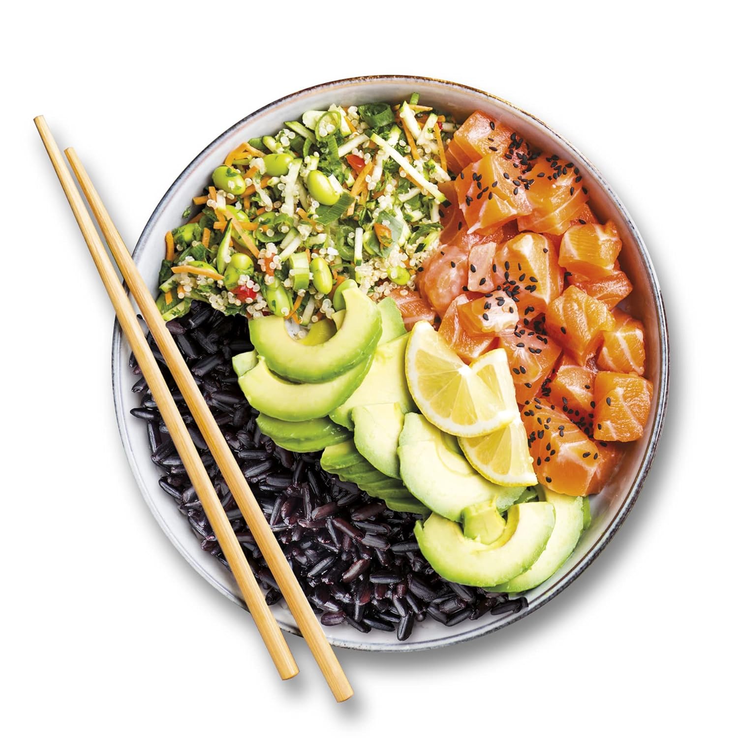 Bowl of poke with black rice Venere avocado, lemon, and rice on a white background