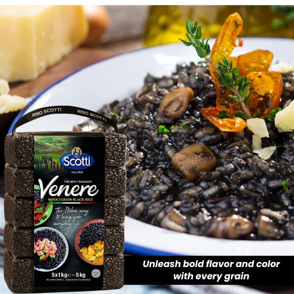 Scotti Venere whole grain black rice packaging with a dish of black rice and vegetables.