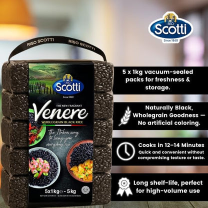 Scotti Venere whole grain black rice packaging with product details on a blurred background