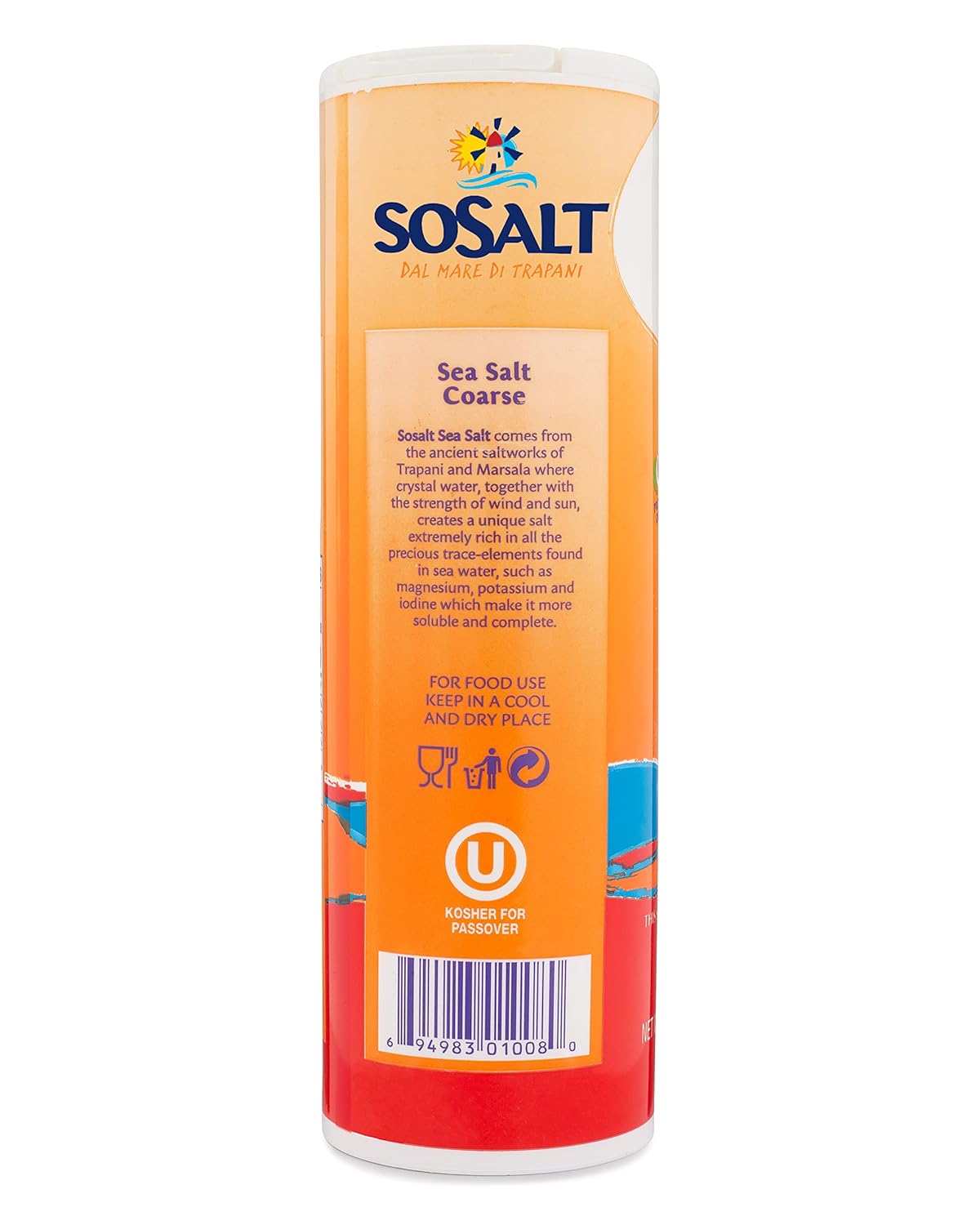 SoSalt coarse natural sea salt shaker, 26.5 oz (750g), product of Italy, orange and red packaging with a pile of coarse Mediterranean sea salt at the base.