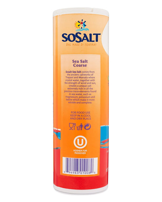 SoSalt coarse natural sea salt shaker, 26.5 oz (750g), product of Italy, orange and red packaging with a pile of coarse Mediterranean sea salt at the base.