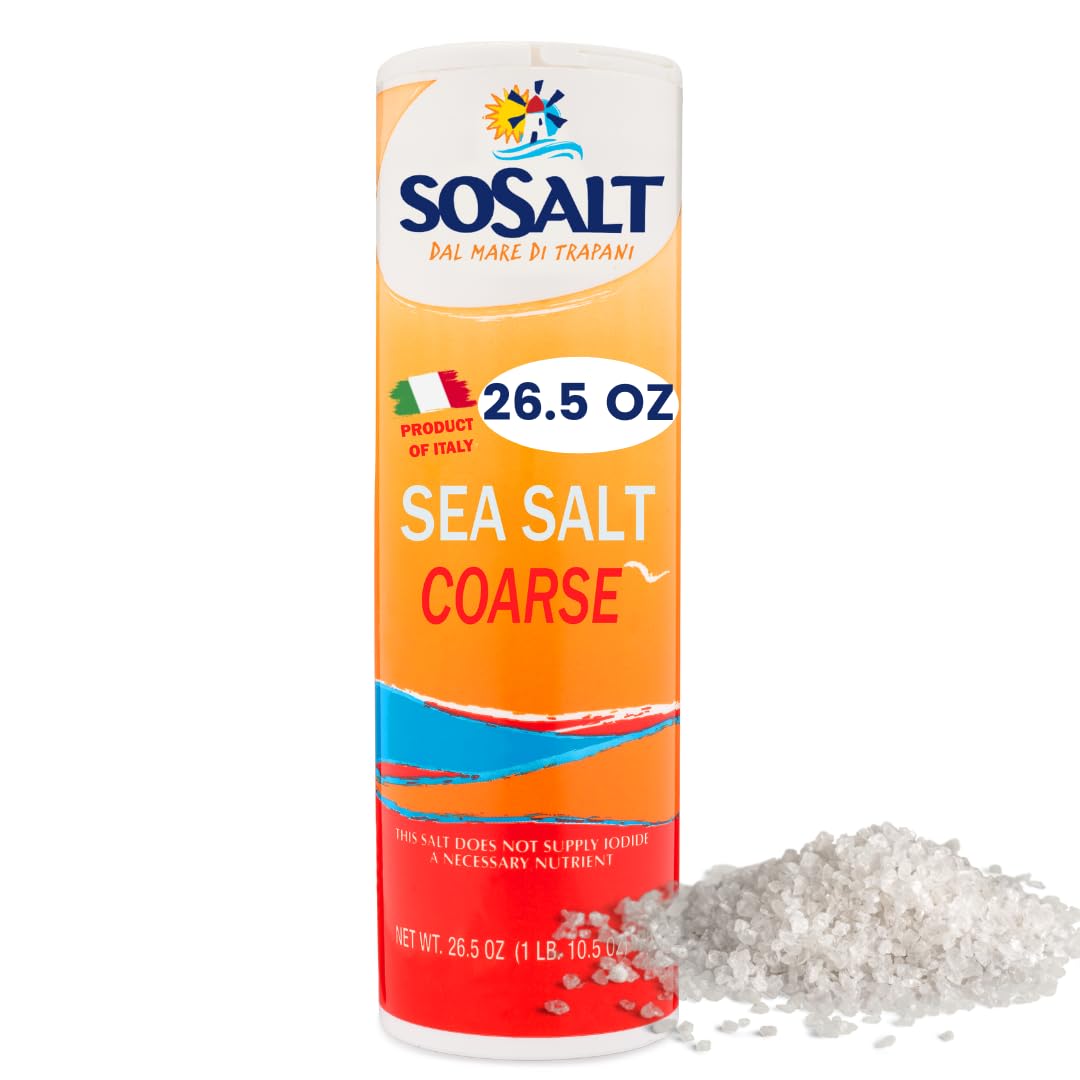 SoSalt coarse natural sea salt shaker, 26.5 oz (750g), product of Italy, orange and red packaging with a pile of coarse Mediterranean sea salt at the base.
