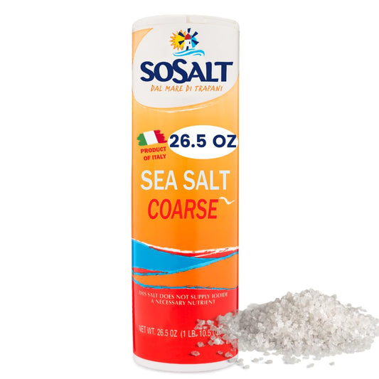 SoSalt coarse natural sea salt shaker, 26.5 oz (750g), product of Italy, orange and red packaging with a pile of coarse Mediterranean sea salt at the base.