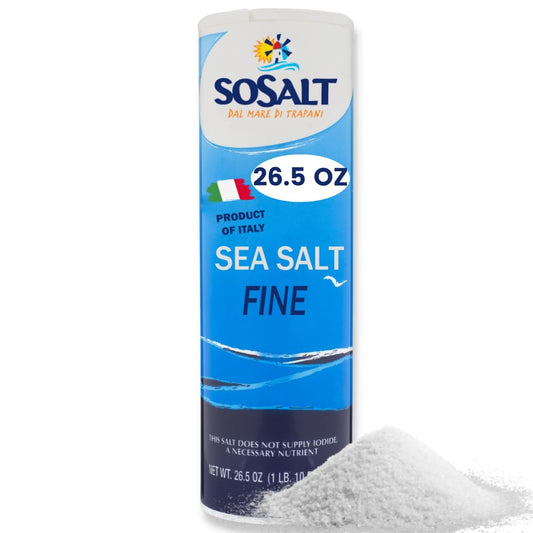 SoSalt fine sea salt shaker, 26.5 oz (750g), product of Italy, blue packaging with a pile of fine Mediterranean sea salt at the base.