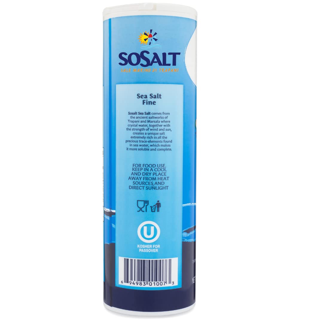 SoSalt Fine Natural Sea Salt shaker, 750g container, showing Sicilian Mediterranean sea salt packaging with blue label.