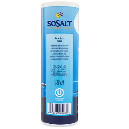 SoSalt Fine Natural Sea Salt shaker, 750g container, showing Sicilian Mediterranean sea salt packaging with blue label.