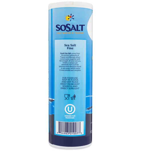 SoSalt Fine Natural Sea Salt shaker, 750g container, showing Sicilian Mediterranean sea salt packaging with blue label.