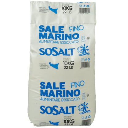 Bulk 10kg (22 lb) bag of SoSalt Fine Sea Salt from Trapani, Sicily, featuring blue branding and labeling, all-natural Mediterranean sea salt, ideal for foodservice and kosher certified.