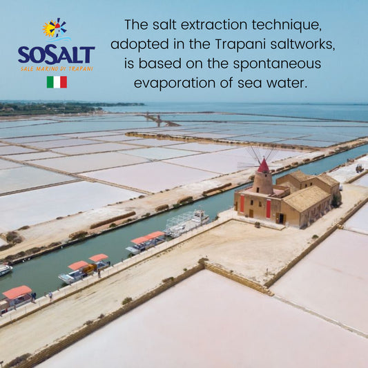 Traditional salt pans of Trapani and Marsala in Sicily with piles of freshly harvested sea salt and a historic windmill. The image highlights SoSalt’s sustainable cultivation across 100 hectares, respecting the saline ecosystem and exporting to over 32 countries worldwide.