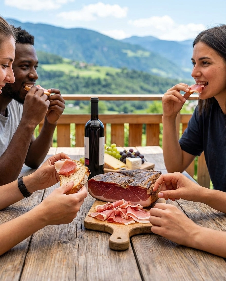 People enjoying a meal with cured Speck meats and bread on a wooden table with a scenic background.