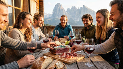 Group of people enjoying a meal with wine and charcuterie on a wooden table with a mountainous background.