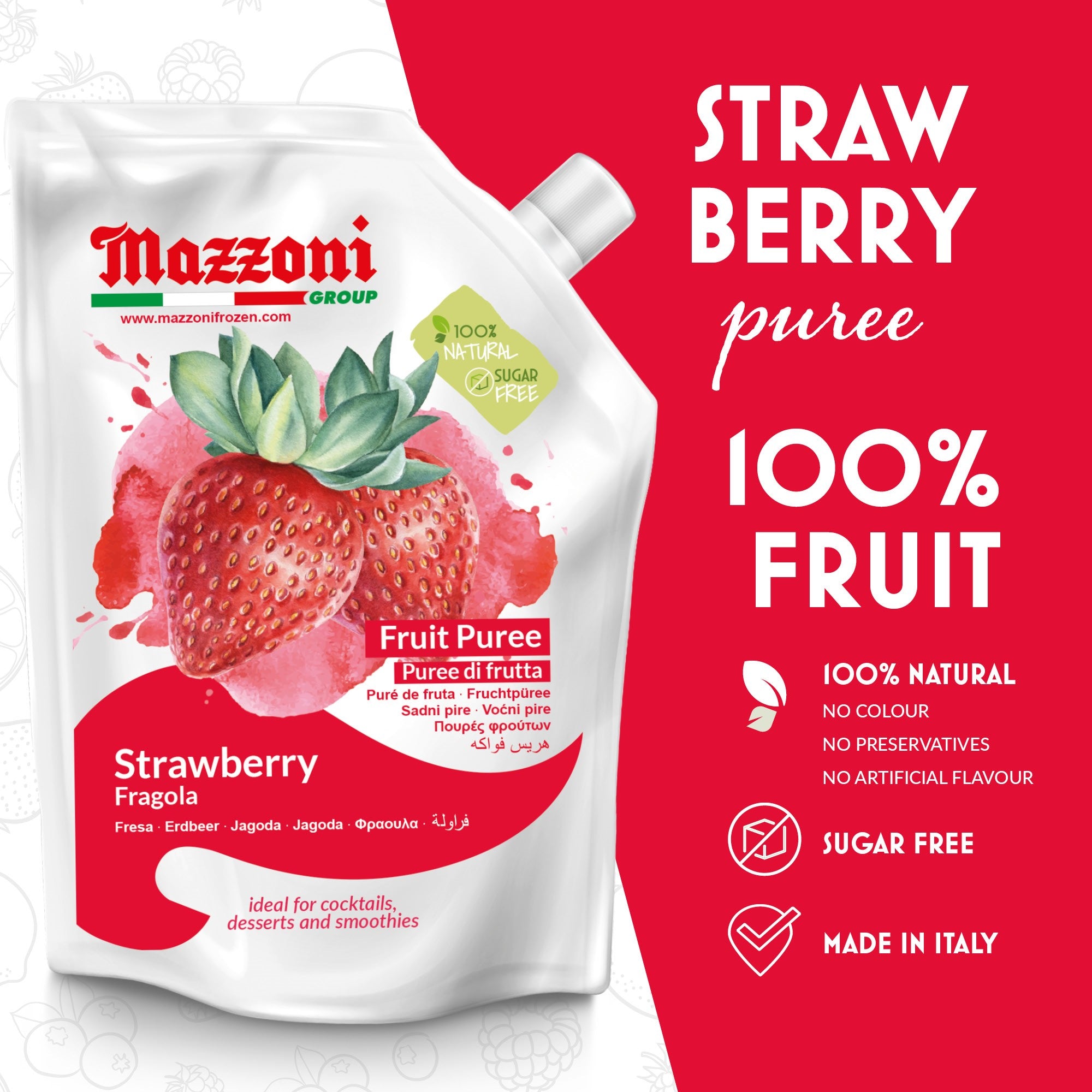 Mazzoni, Strawberry Puree, 100% Pure Strawberries, Strawbeeries pulp, Just Fruit, No Sugar Added, Real strawberry for, Smoothies, Drinks, Cocktails, Fruit Juice - 2.2 lb Convenient Pouch, Made in Italy
