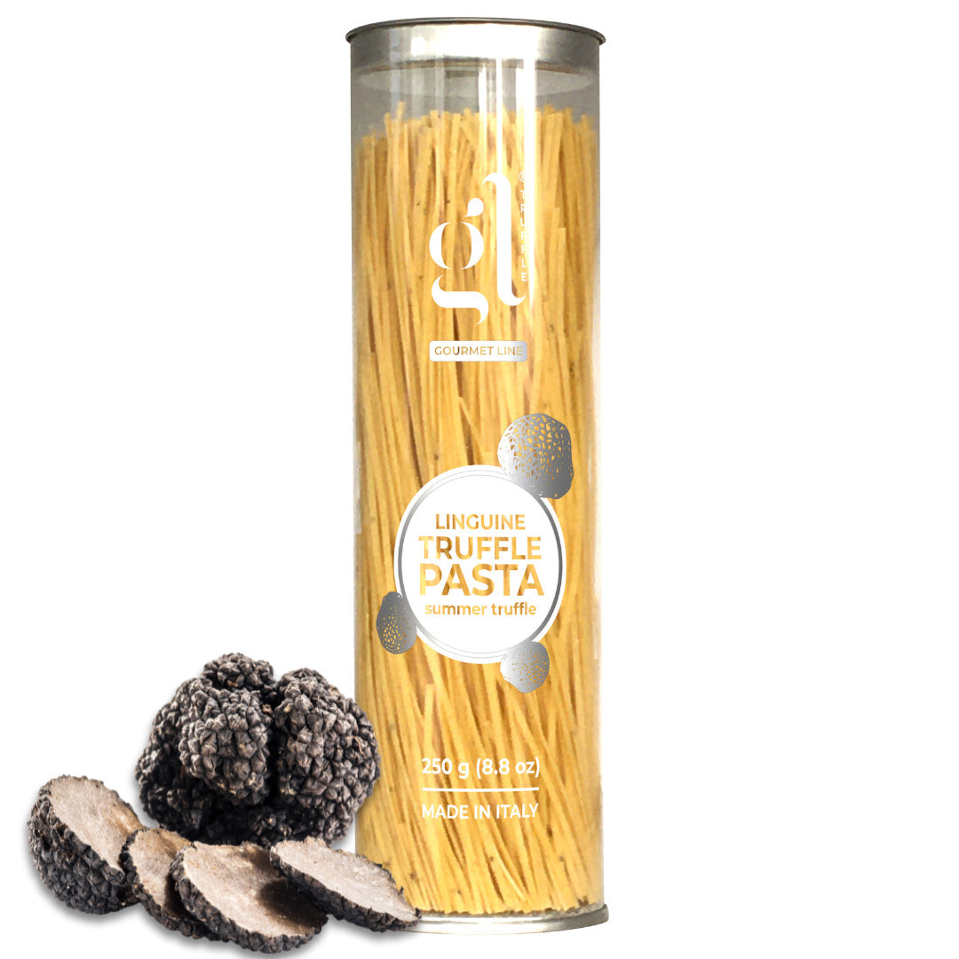 GL Linguine Truffle Pasta 250g (8.8 oz) in premium clear tube packaging, made in Italy with summer truffle, authentic gourmet Italian pasta.