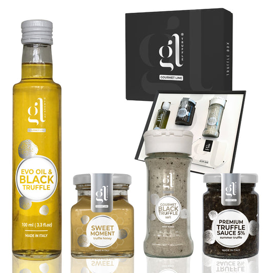 GL Truffle Gourmet Gift Set with black truffle EVOO, truffle honey, truffle salt, premium truffle sauce 5%, and elegant gift box, made in Italy