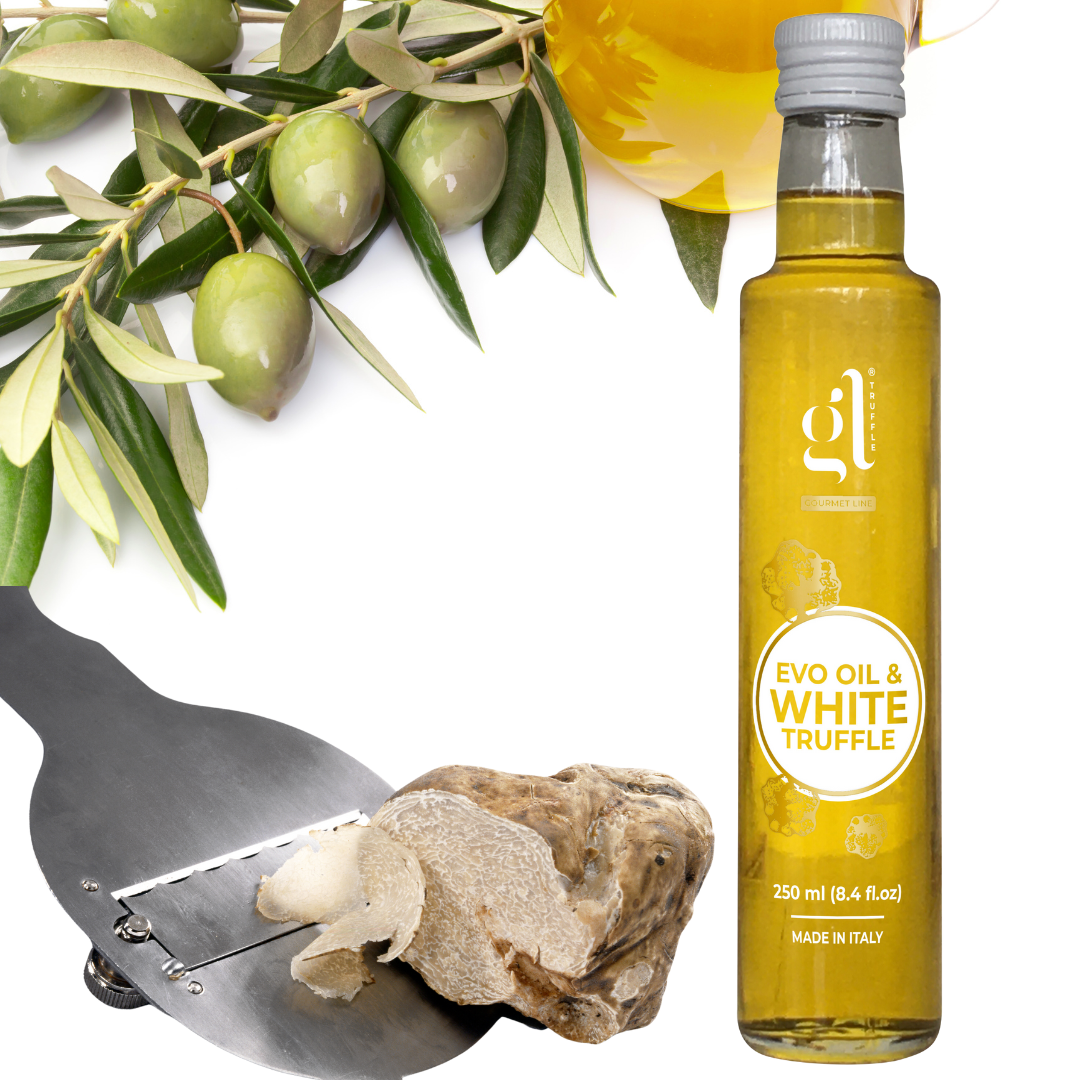 GL Truffle Gourmet Line, Extra Virgin Olive Oil & Black Truffle with truffle slices 250 ml (8.5 FL Oz)