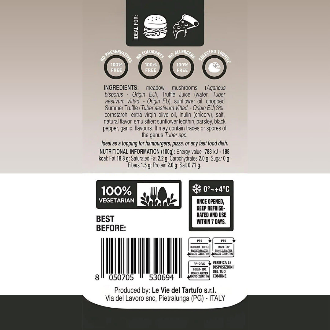 Truffle Chef Sauce ingredients and nutrition label – Italian truffle sauce, vegetarian, no preservatives, allergens or colorants, ideal for burgers, pizza, fast food