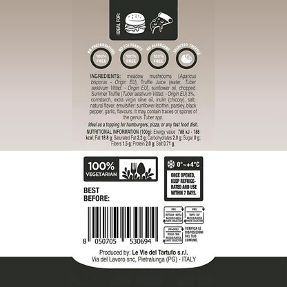 Truffle Chef Sauce ingredients and nutrition label – Italian truffle sauce, vegetarian, no preservatives, allergens or colorants, ideal for burgers, pizza, fast food