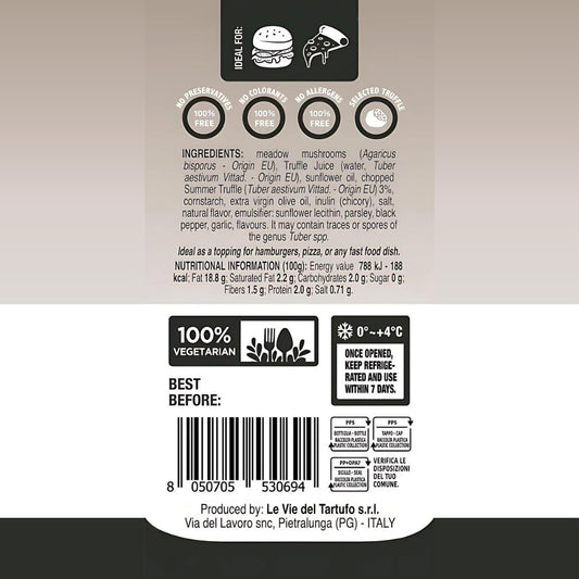 Truffle Chef Sauce ingredients and nutrition label – Italian truffle sauce, vegetarian, no preservatives, allergens or colorants, ideal for burgers, pizza, fast food
