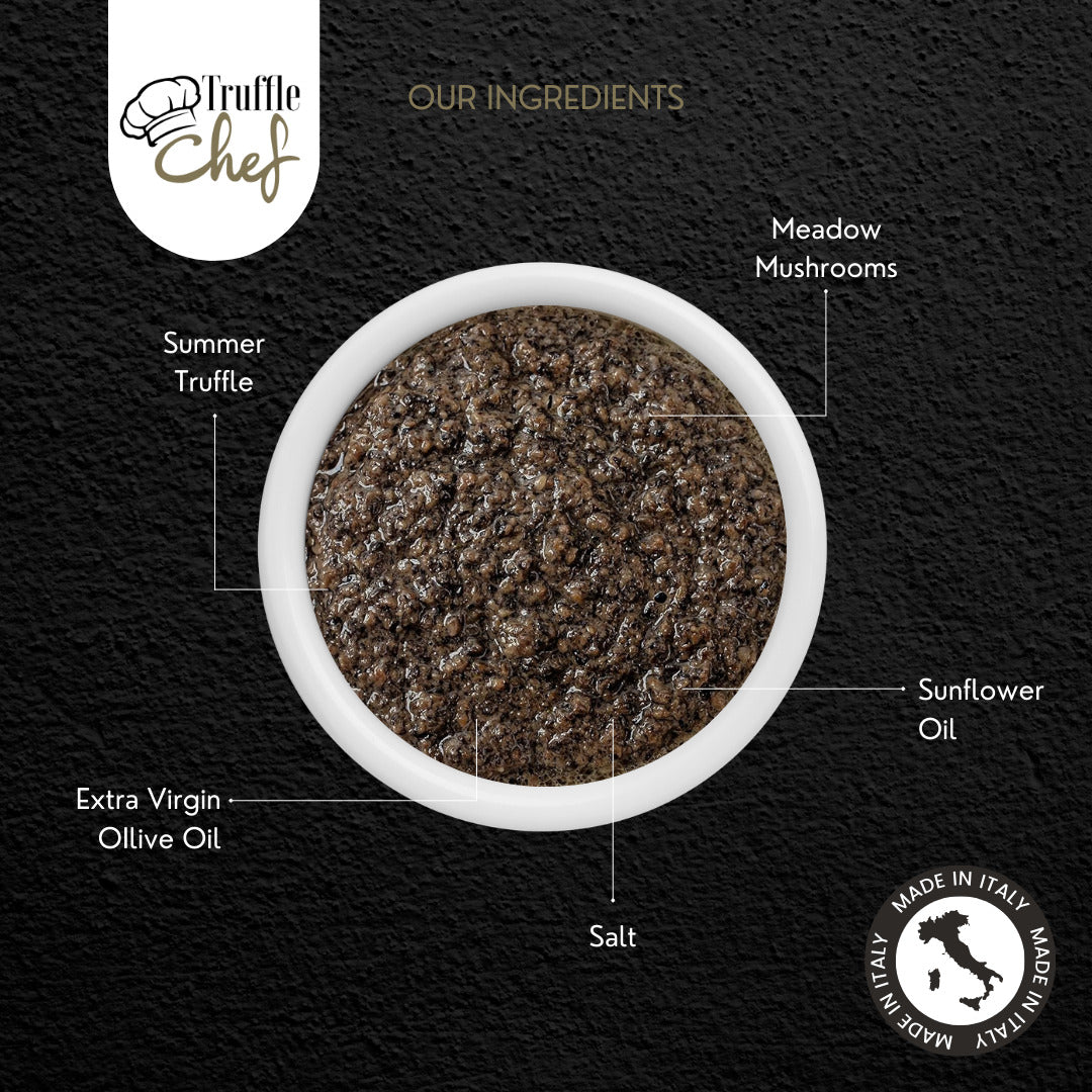 Truffle Chef Sauce ingredients – summer truffle, meadow mushrooms, sunflower oil, extra virgin olive oil, salt, authentic Italian truffle sauce