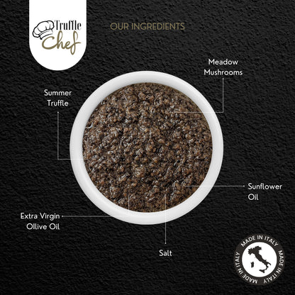 Truffle Chef Sauce ingredients – summer truffle, meadow mushrooms, sunflower oil, extra virgin olive oil, salt, authentic Italian truffle sauce