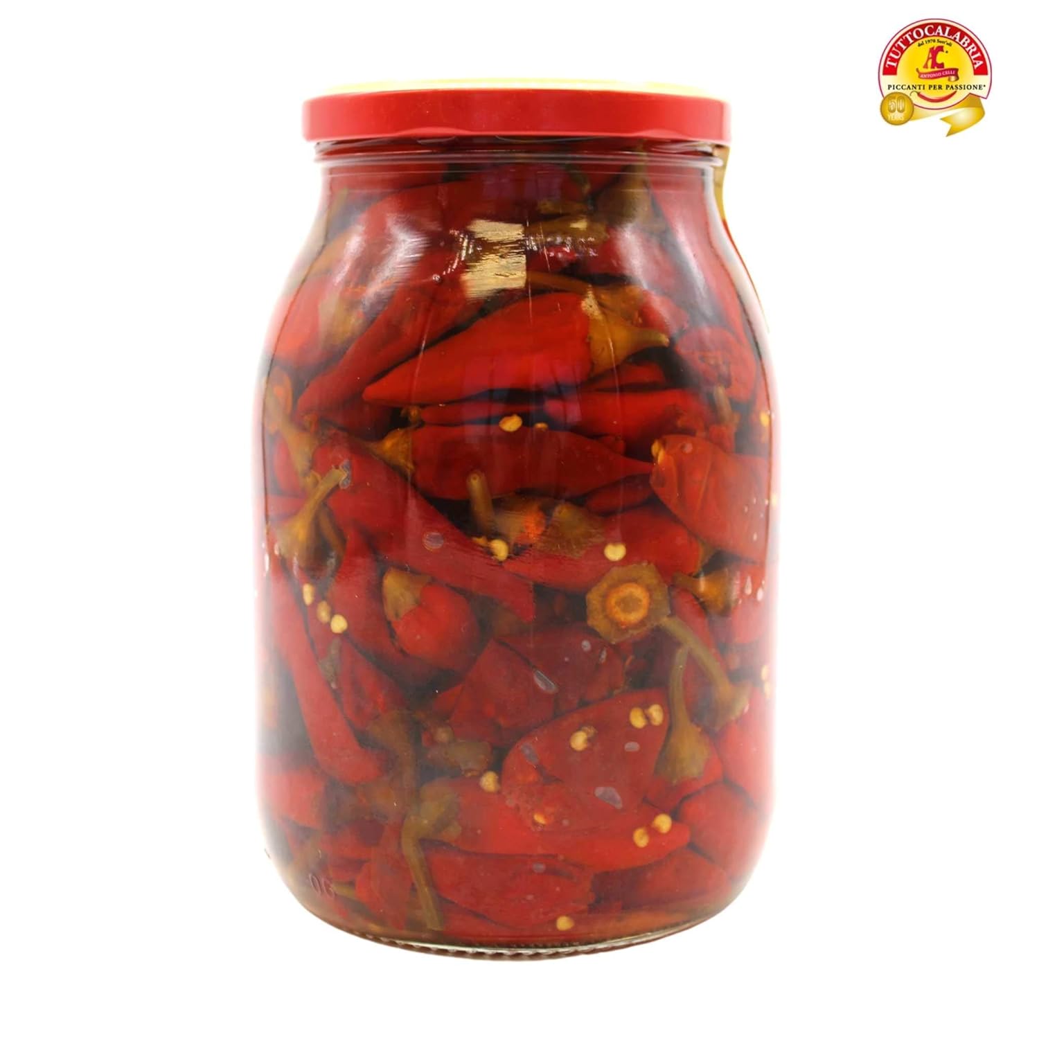 Jar of pickled red peppers with a red lid on a white background, featuring a brand logo.