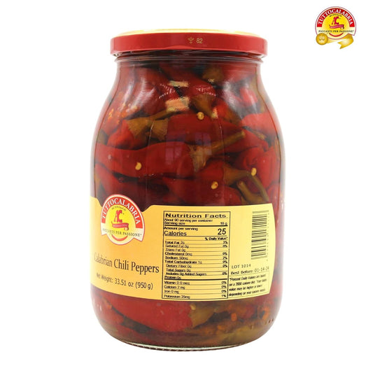 Jar of Lodi Calabria Italiano Calabrian Chili Peppers with label on a white background