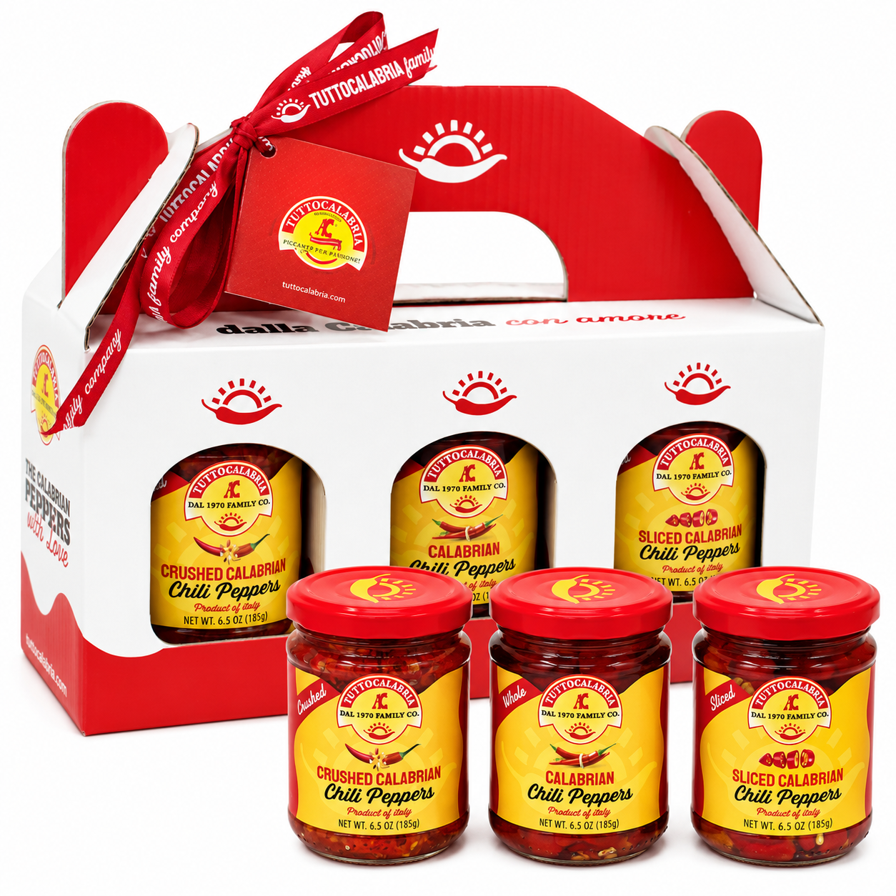 Set of sliced calabrian chili peppers in jars with a branded box on a white background