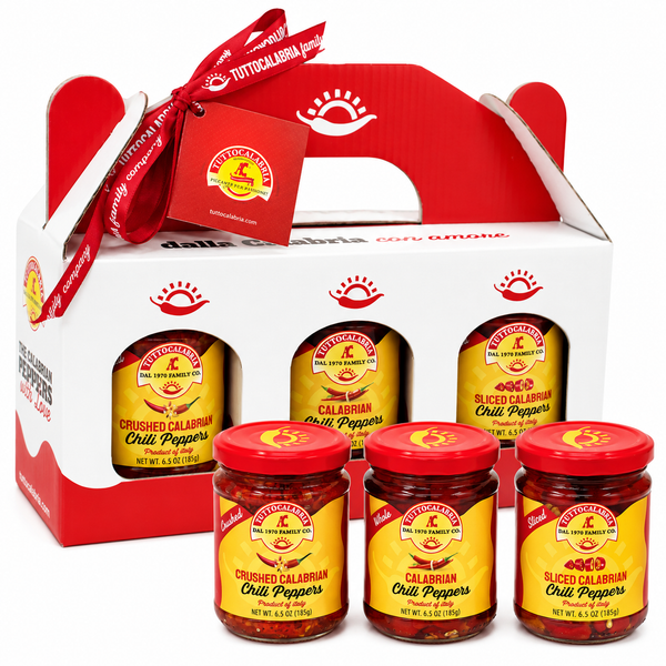 Set of sliced calabrian chili peppers in jars with a branded box on a white background