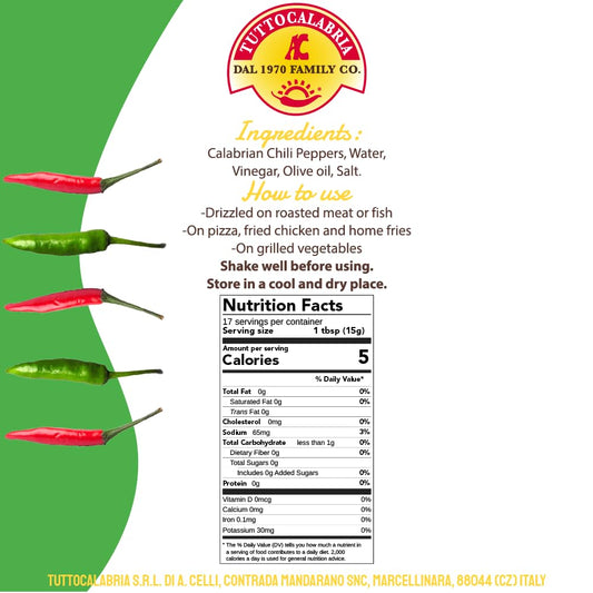 Tuttolacalabria product label with ingredients, uses, and nutrition facts on a green and white background.