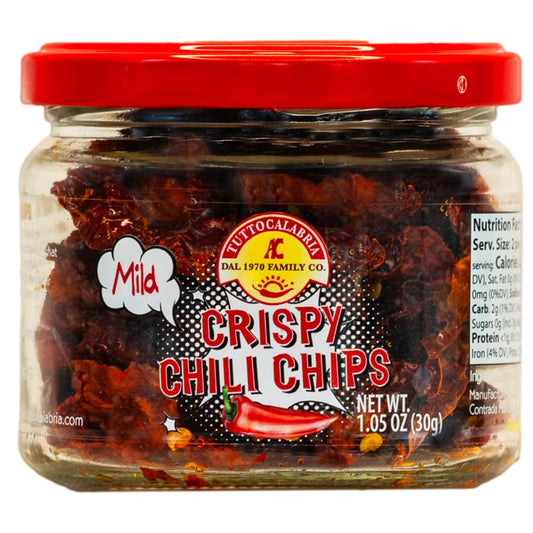 TuttoCalabria Mild Crispy Chili Chips in 1.05 oz (30g) glass jar, crunchy Calabrian chili slices with mild heat, product of Italy