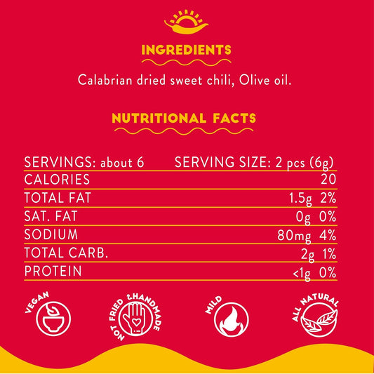 TuttoCalabria Mild Crispy Chili Chips in 1.05 oz (30g) glass jar, crunchy Calabrian chili slices with mild heat, product of Italy