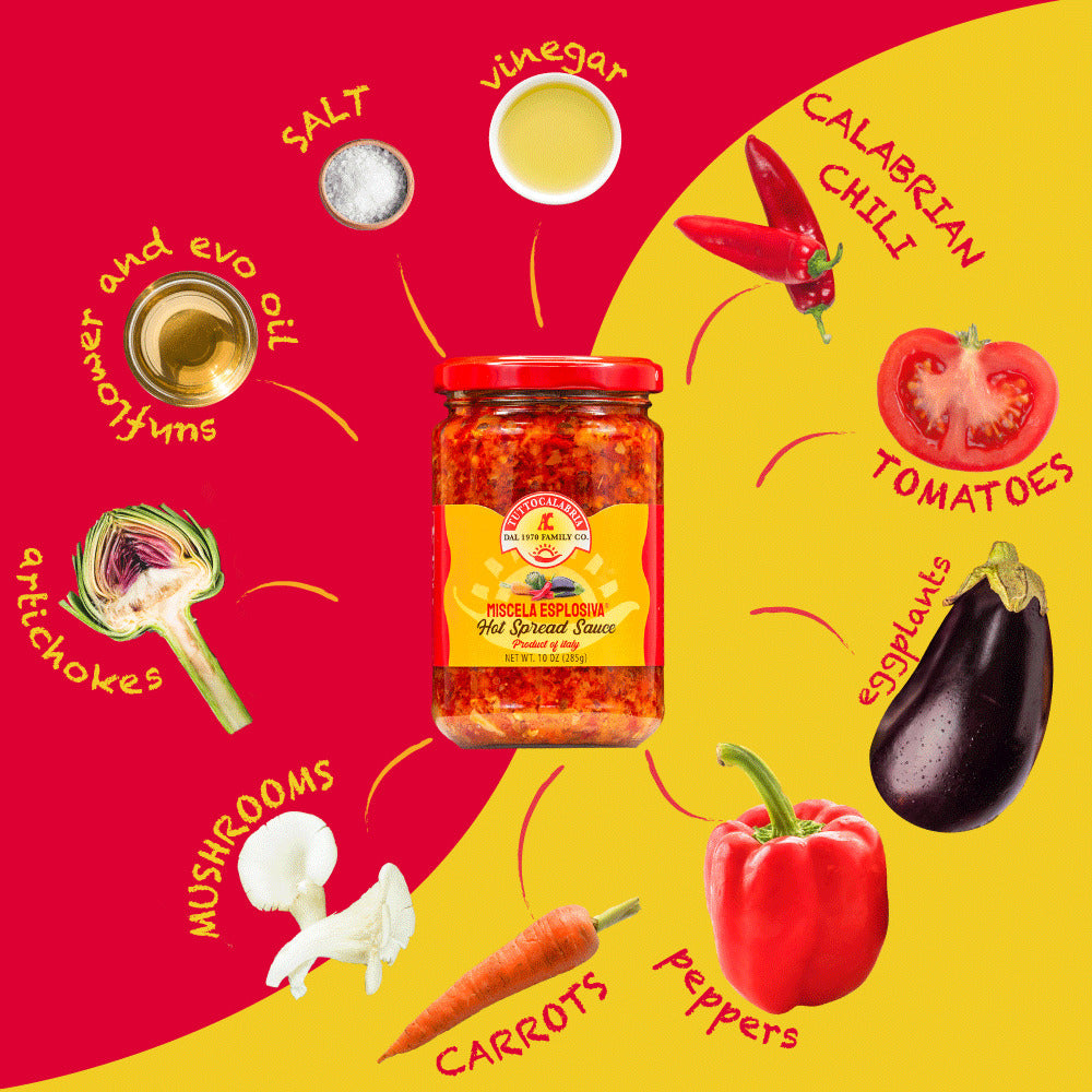Jar of hot spread sauce with ingredients on a red and yellow background