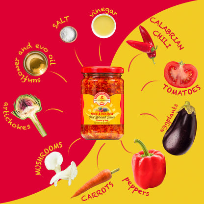 Jar of hot spread sauce with ingredients on a red and yellow background