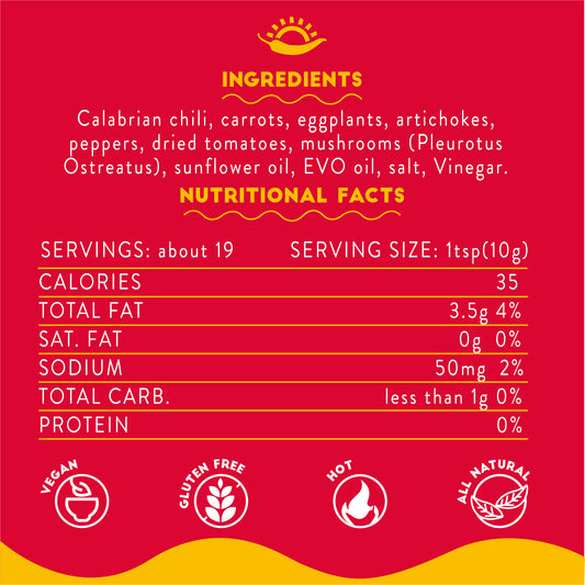 Product label with ingredients, nutritional facts, and icons on a red background