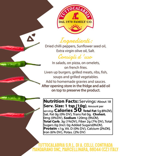 Tuttolocalabria ingredient list, usage tips, and nutrition facts on a label with red and green chili peppers.