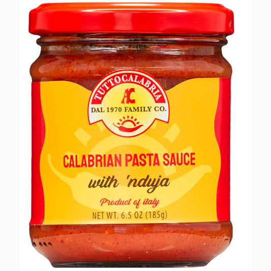 Jar of Tuttocalabria Calabrian Pasta Sauce with 'nduja on a white background