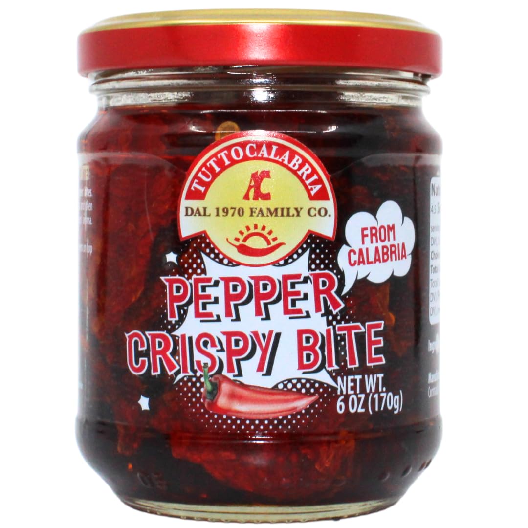 Jar of Tutto Calabria Pepper Crispy Bite, 6 oz, with red peppers in oil, authentic product from Calabria, Italy