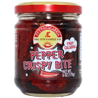 Jar of Tutto Calabria Pepper Crispy Bite, 6 oz, with red peppers in oil, authentic product from Calabria, Italy