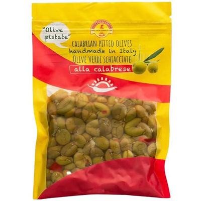 Packaged Calabrian pitted olives with a yellow and red label on a white background