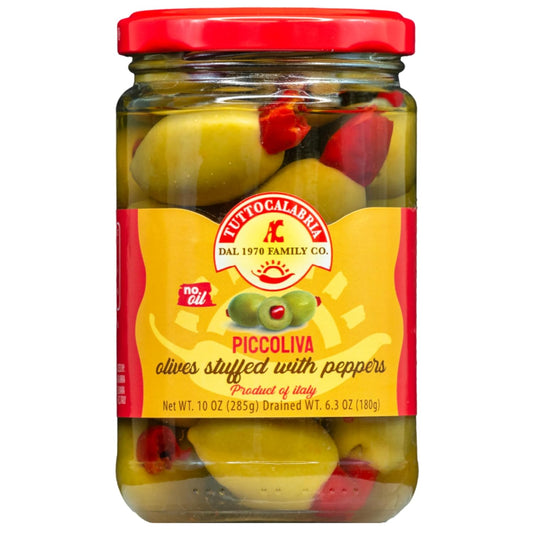 Jar of Piccoliva olives stuffed with peppers from Tuttocalabrese on a white background