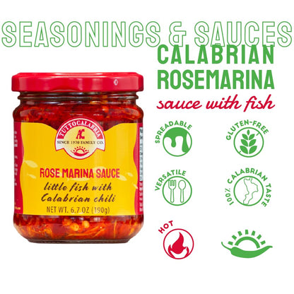 Tutto Calabria Rose Marina Sauce 190g jar, made with little fish and Calabrian chili, product of Italy
