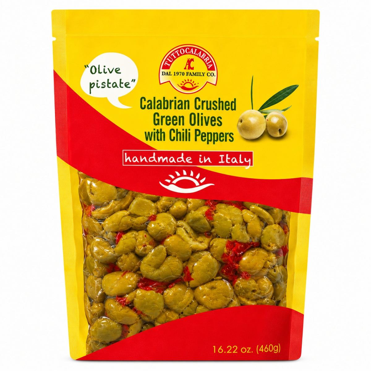 Packaged Calabrian pitted olives with a yellow and red label on a white background